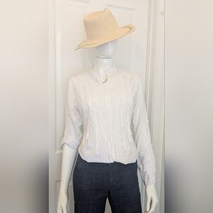 White Ruffle Collar Toxido Style Button Blouse 100% Cotton M
